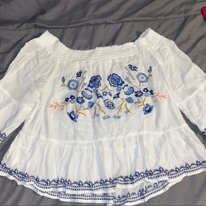 White and Blue floral off the shoulder